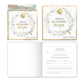 Komunia – Zaproszenie ZP-052 – w opakowaniu: 5 sztuk zaproszeń z dopasowanymi kopertami – 14,5 x 14,5 cm (cena za opakowanie)